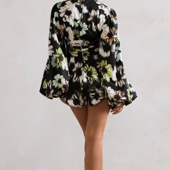 Club L London Katsura Black Floral Print Satin Plunge-Neck Playsuit Size Small - Picture 2 of 3